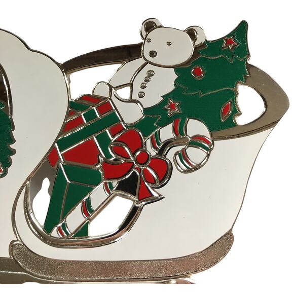 Vtg. Wm. A. Rogers Oneida Christmas Holiday Sleigh Trivet Silverplate Enamel - Picture 2 of 6